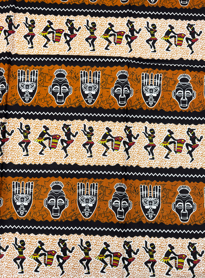 African-themed fabric pattern with dancers and masks on a striped background.