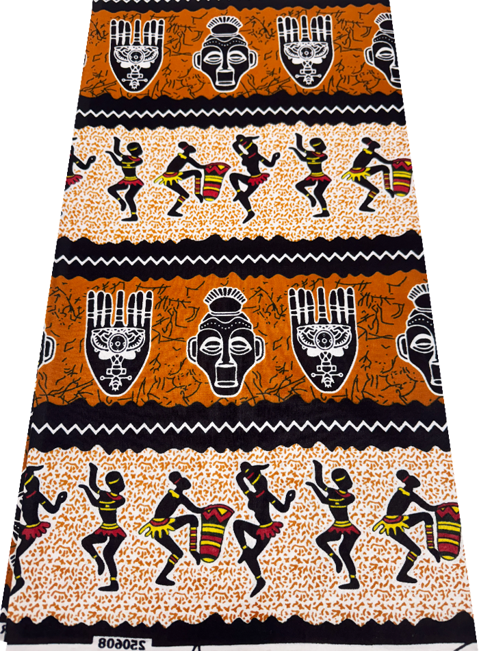 Festive fabric with African-inspired patterns including masks and dancers on an orange background.