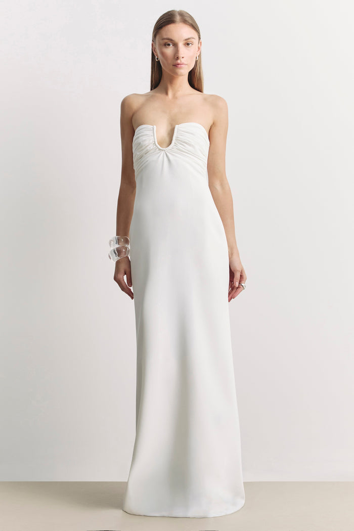 Strapless Ruched Bust Column Maxi Dress - White