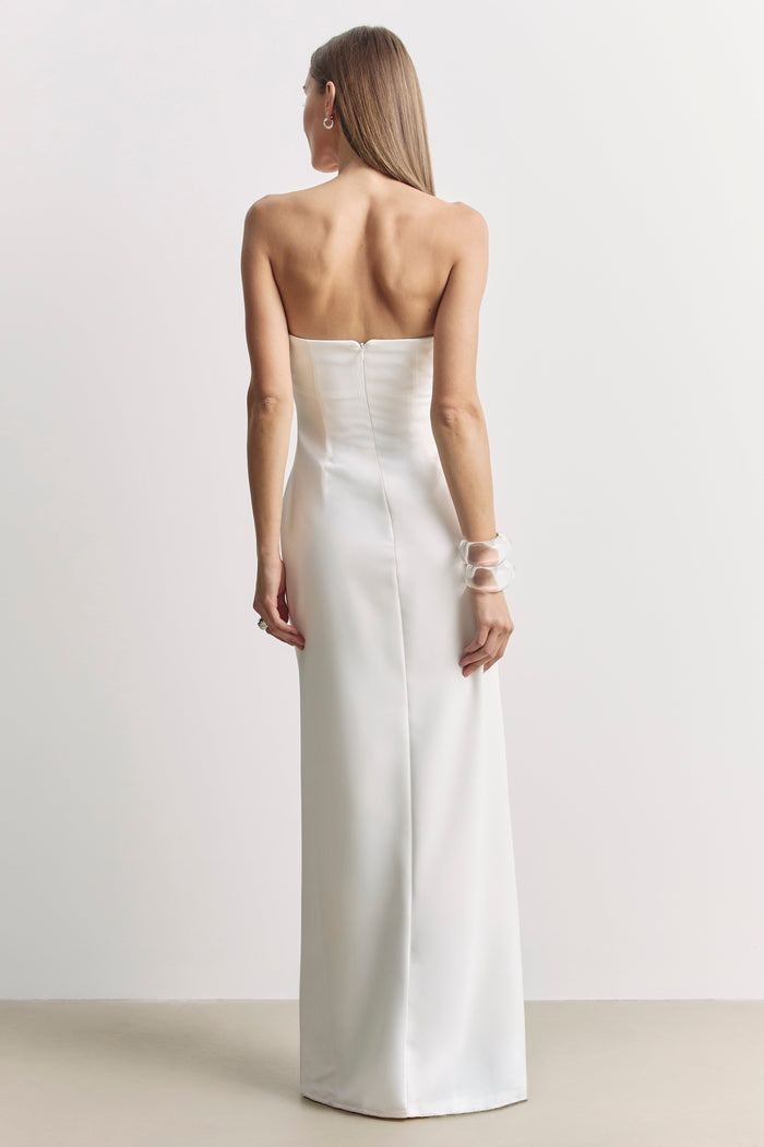 Strapless Ruched Bust Column Maxi Dress - White