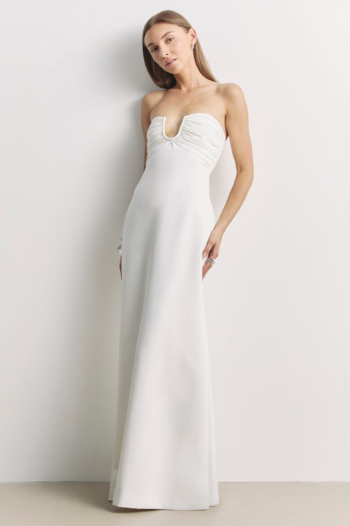 Strapless Ruched Bust Column Maxi Dress - White