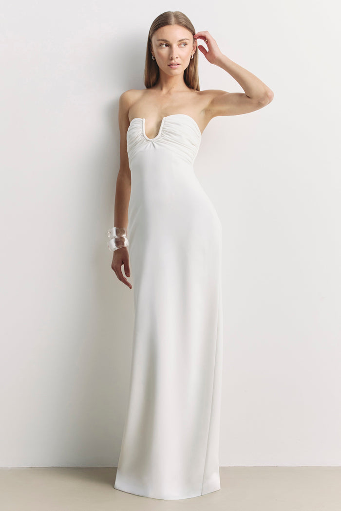 Strapless Ruched Bust Column Maxi Dress - White