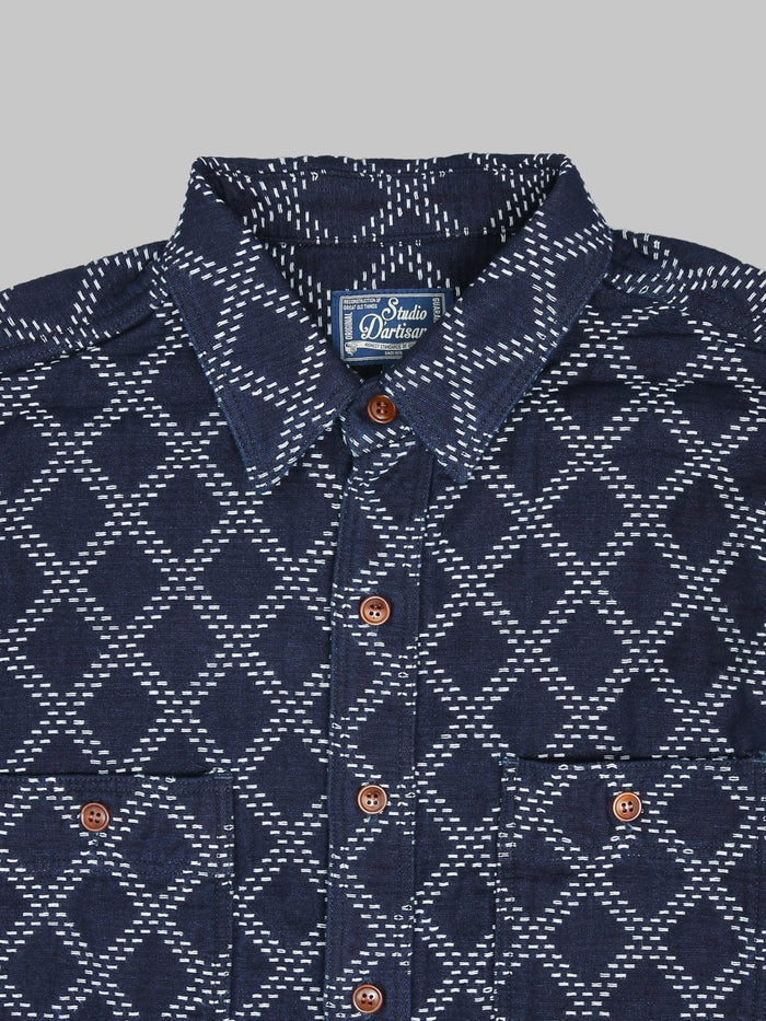 Studio D'Artisan 5728 Indigo Sashiko Dobby Shirt collar button