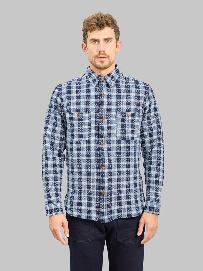 Studio D'Artisan 5737 Indigo Plaid Noragi Boro Sashiko Work Shirt