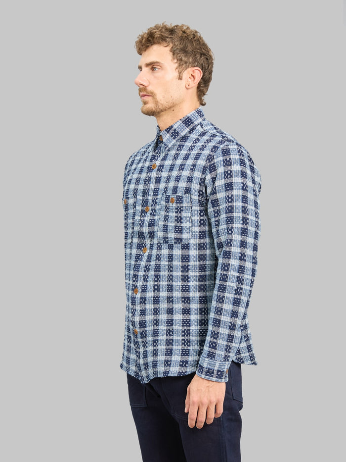 Studio D'Artisan 5737 Indigo Plaid Noragi Boro Sashiko Work Shirt