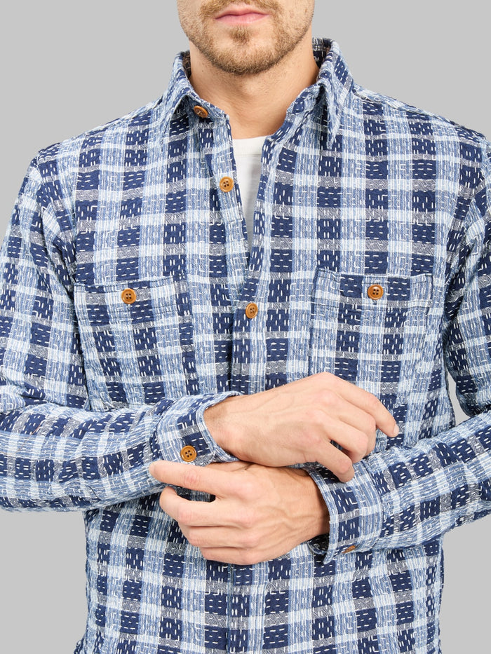 Studio D'Artisan 5737 Indigo Plaid Noragi Boro Sashiko Work Shirt