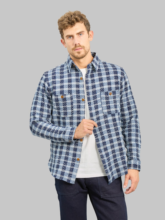 Studio D'Artisan 5737 Indigo Plaid Noragi Boro Sashiko Work Shirt