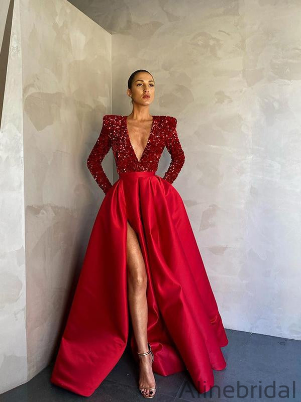 Stunning Bugundy Red Deep V-Neck Aline Long Fashion Prom Dresses, PD1039