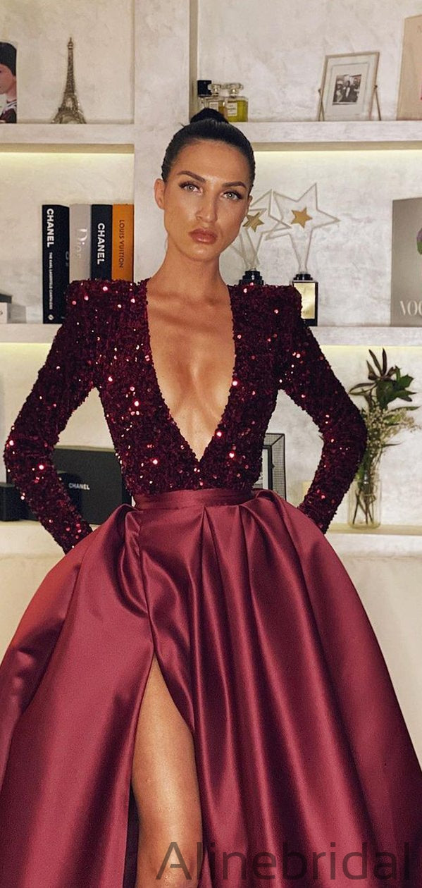 Stunning Bugundy Red Deep V-Neck Aline Long Fashion Prom Dresses, PD1039