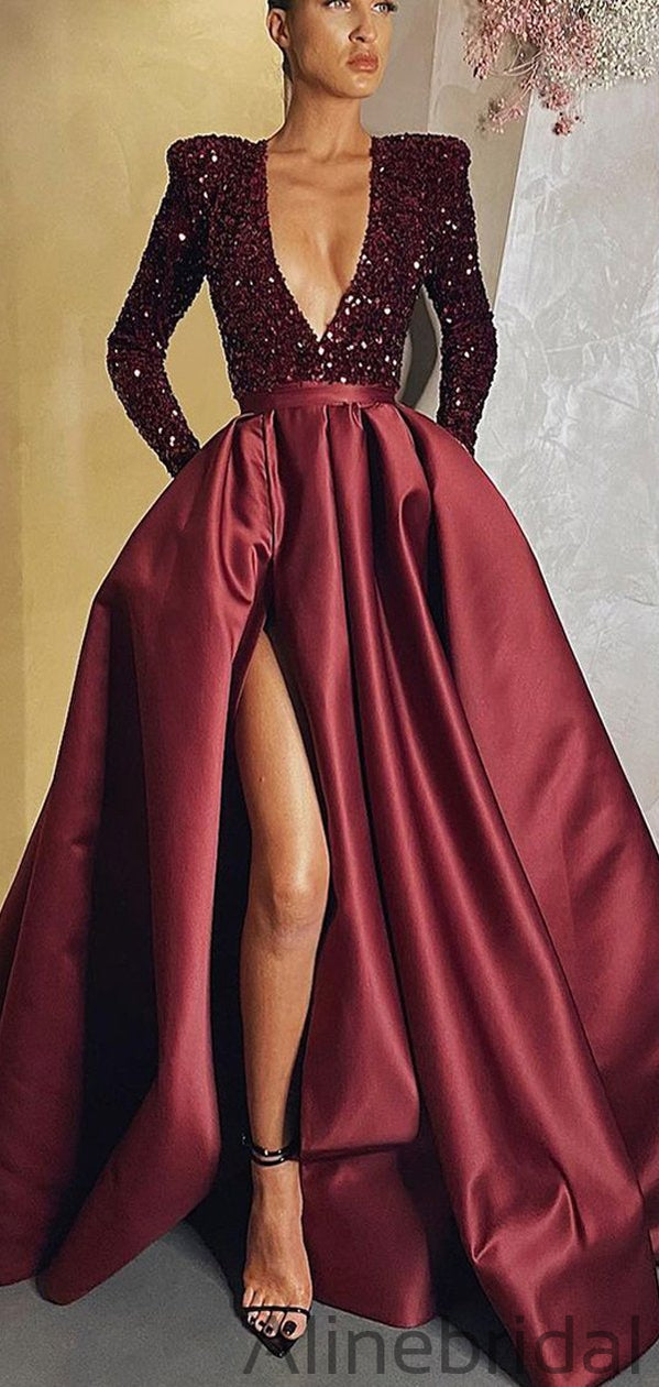 Stunning Bugundy Red Deep V-Neck Aline Long Fashion Prom Dresses, PD1039
