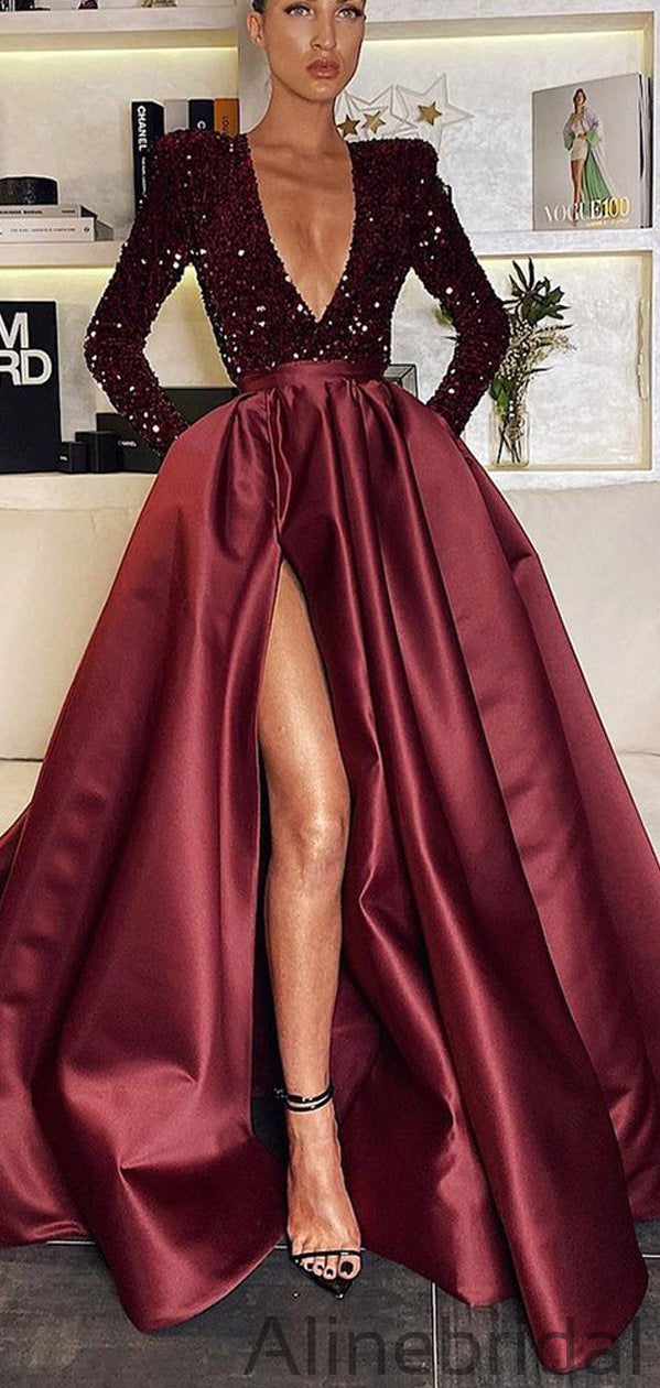 Stunning Bugundy Red Deep V-Neck Aline Long Fashion Prom Dresses, PD1039
