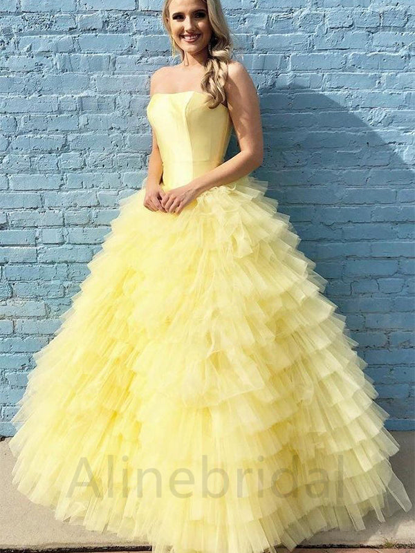 Stunning Yellow Ruffles Strapless A-line Long Prom Gown, PD3628