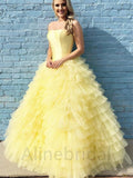 Stunning Yellow Ruffles Strapless A-line Long Prom Gown, PD3628