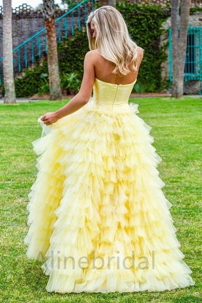Stunning Yellow Ruffles Strapless A-line Long Prom Gown, PD3628