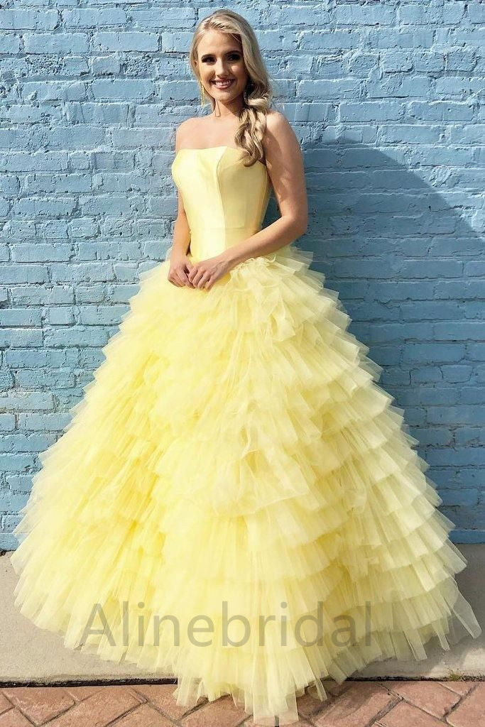 Stunning Yellow Ruffles Strapless A-line Long Prom Gown, PD3628