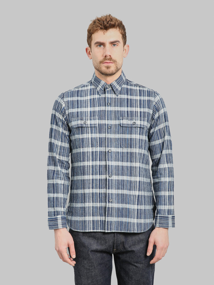 Sugar Cane Fiction Romance 5oz Indigo Check Work Shirt front fit