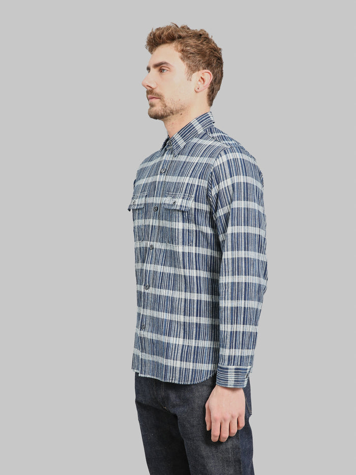 Sugar Cane Fiction Romance 5oz Indigo Check Work Shirtside look