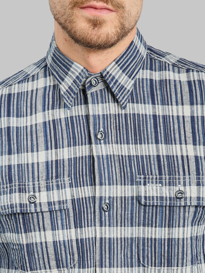 Sugar Cane Fiction Romance 5oz Indigo Check Work Shirt chest