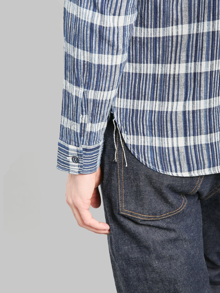 Sugar Cane Fiction Romance 5oz Indigo Check Work Shirt hem run offs