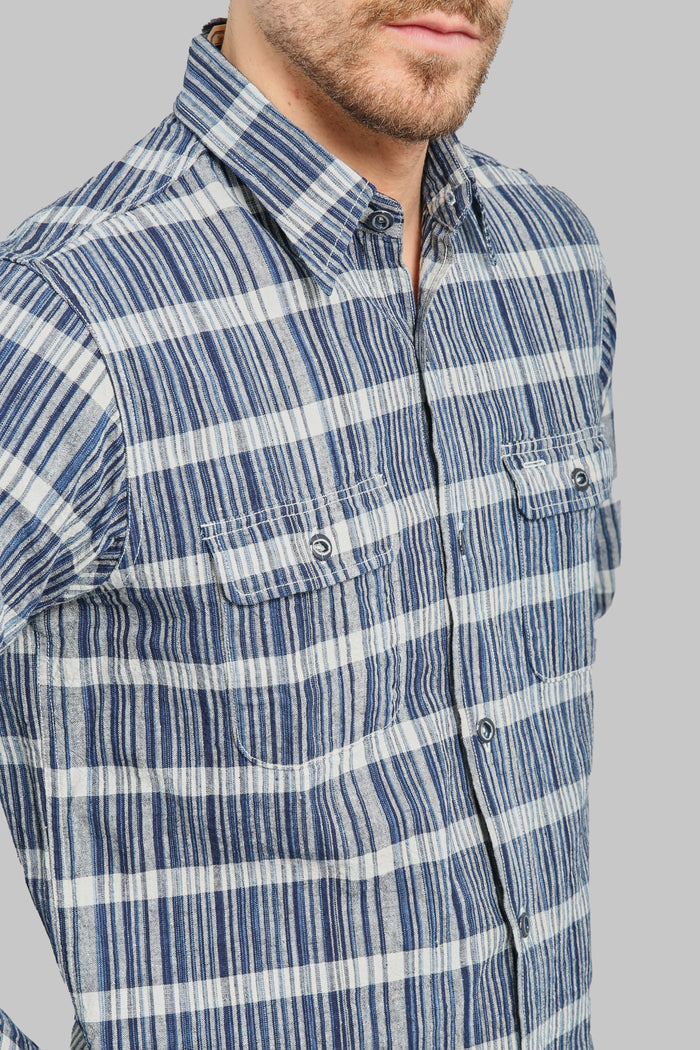 Sugar Cane Fiction Romance 5oz Indigo Check Work Shirt pockets