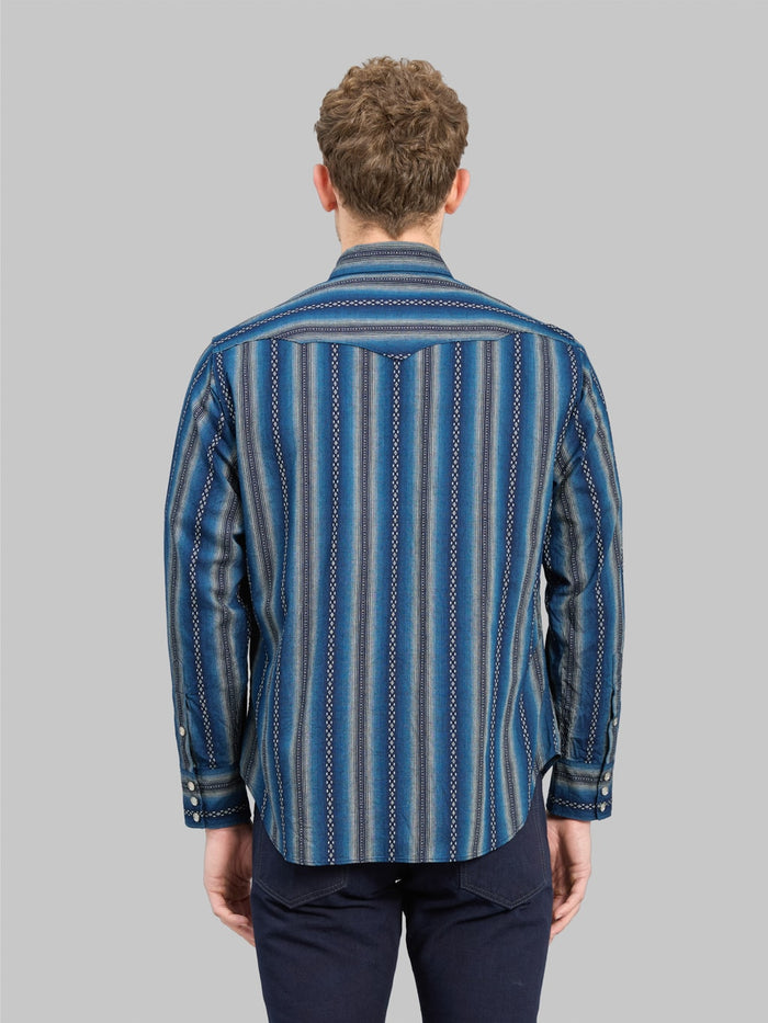 Sugar Cane Native American Dobby Stripe Western Shirt Indigo back fit