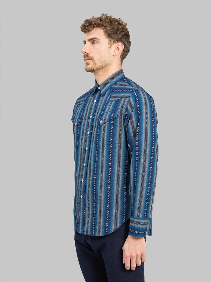 Sugar Cane Native American Dobby Stripe Western Shirt Indigo side fit