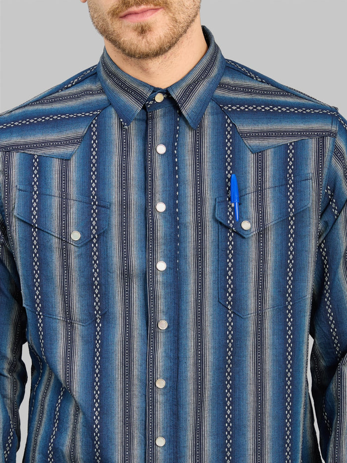 Sugar Cane Native American Dobby Stripe Western Shirt Indigo pen hole