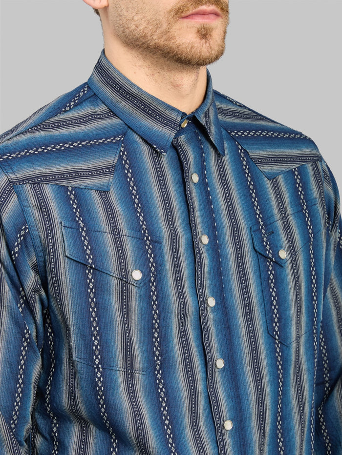 Sugar Cane Native American Dobby Stripe Western Shirt Indigo chest