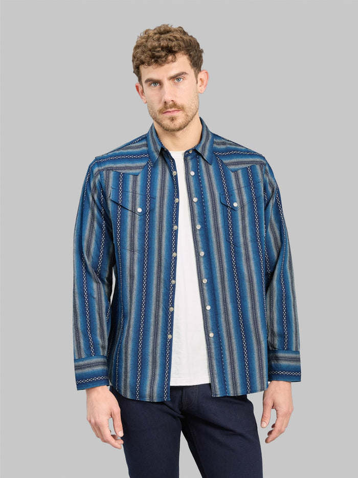 Sugar Cane Native American Dobby Stripe Western Shirt Indigo styled
