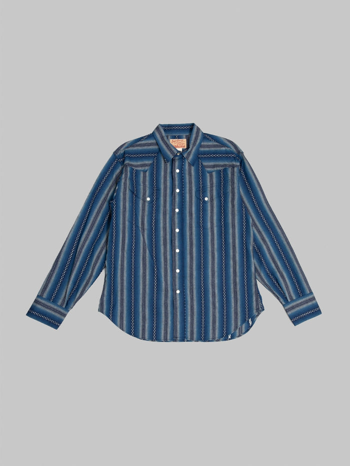 Sugar Cane Native American Dobby Stripe Western Shirt Indigo front