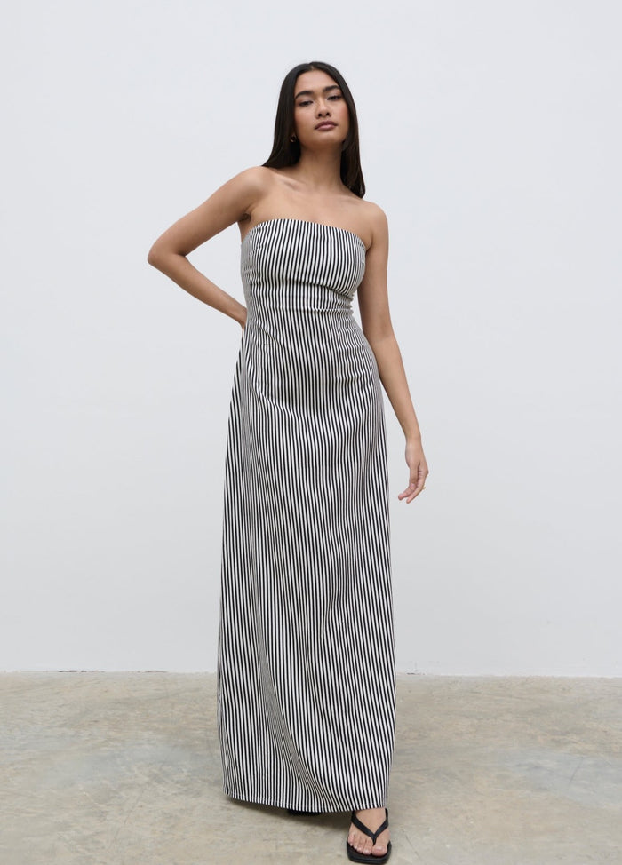 Candy Is 5'6" & Wears Size UK 8|Sunny Striped Bandeau Dress - Stone and Black