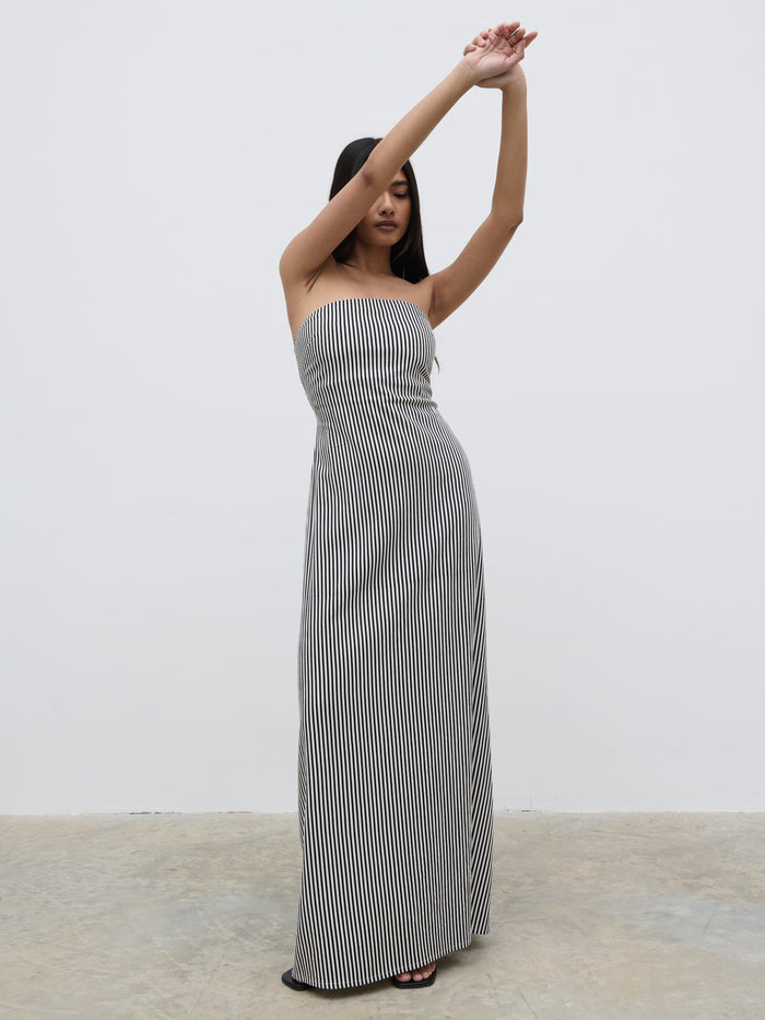 Candy Is 5'6" & Wears Size UK 8|Sunny Striped Bandeau Dress - Stone and Black