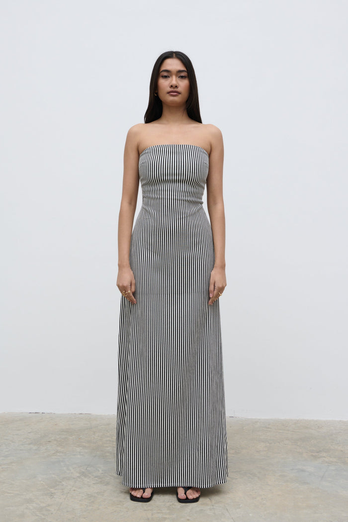 Candy Is 5'6" & Wears Size UK 8|Sunny Striped Bandeau Dress - Stone and Black