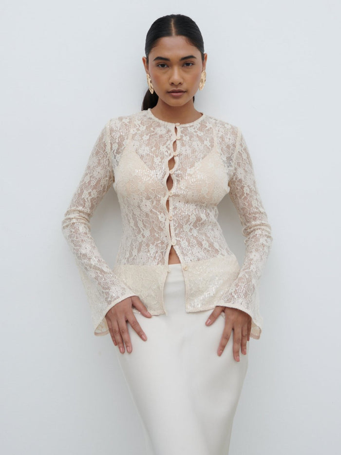 Candy Is 5'6" & Wears Size UK 8|Tai Sequin Lace Cardigan - Oyster