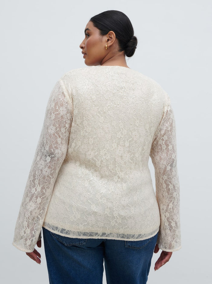 Souki Is 5'8" & Wears Size UK 18|Tai Sequin Lace Cardigan Curve - Oyster