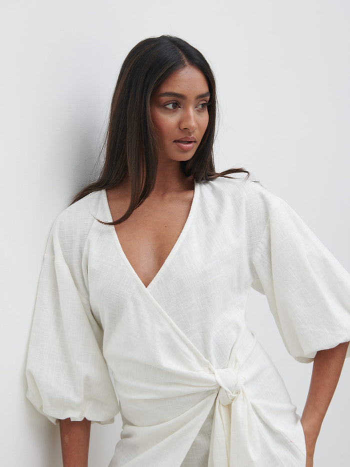 Sachi Is 5’7” & Wears Size UK 8|Tamara Wrap Mini Dress - Cream