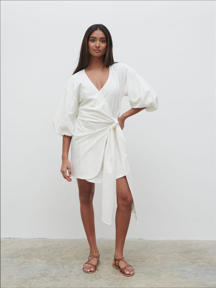 Sachi Is 5’7” & Wears Size UK 8|Tamara Wrap Mini Dress - Cream