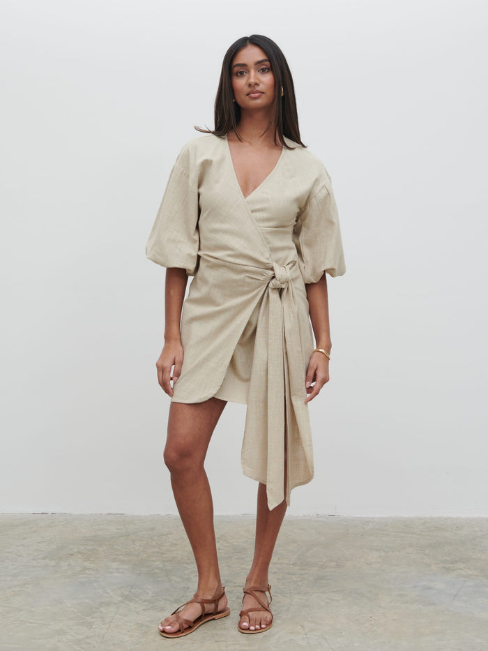 Sachi Is 5’7” & Wears Size UK 8|Tamara Wrap Mini Dress - Natural