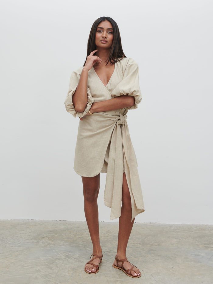 Sachi Is 5’7” & Wears Size UK 8|Tamara Wrap Mini Dress - Natural