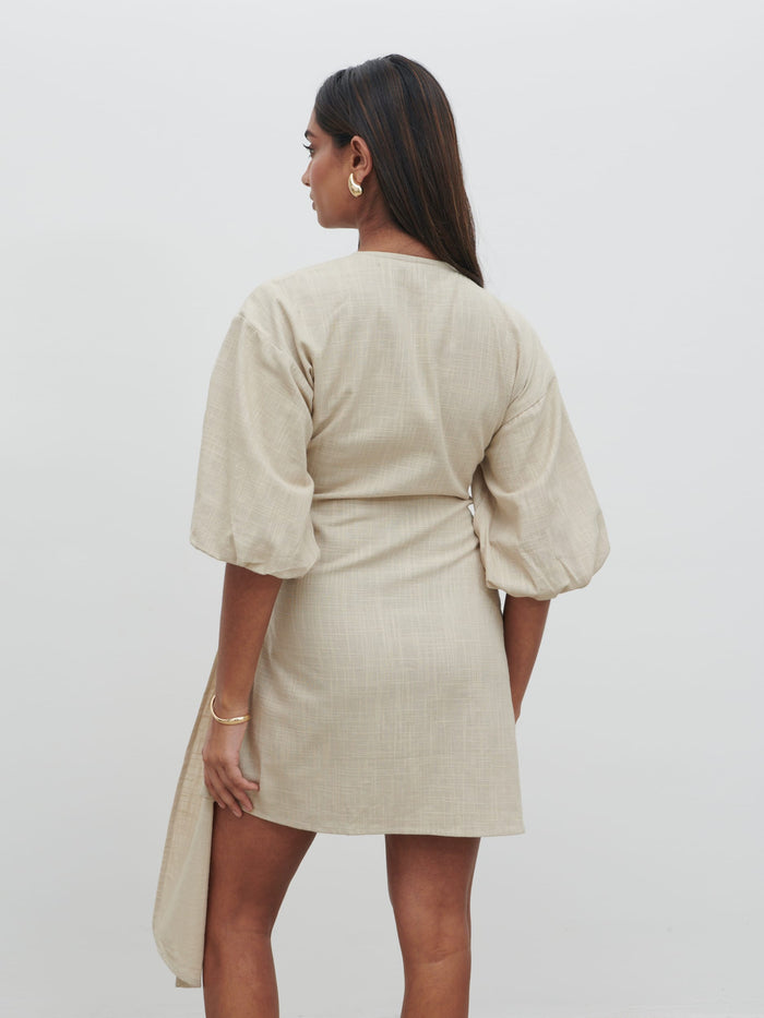 Sachi Is 5’7” & Wears Size UK 8|Tamara Wrap Mini Dress - Natural