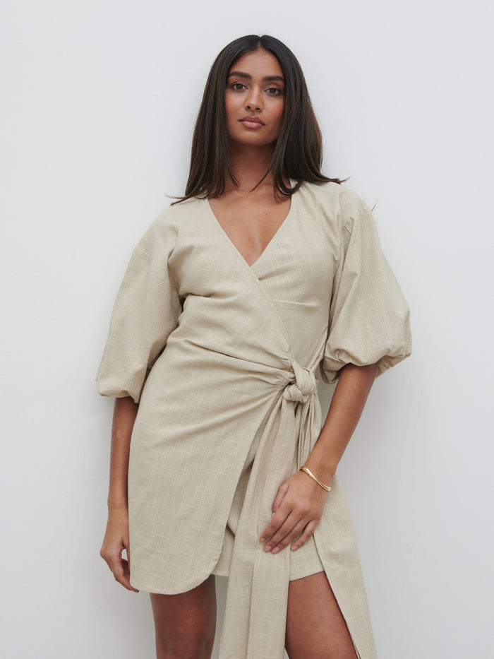 Sachi Is 5’7” & Wears Size UK 8|Tamara Wrap Mini Dress - Natural