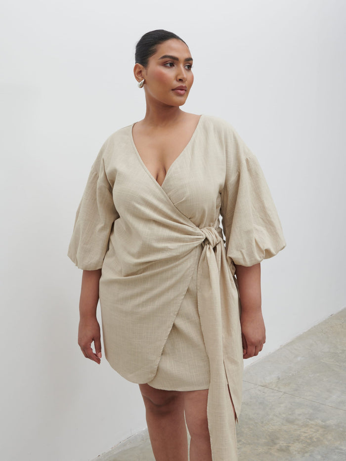 Souki Is 5'8" & Wears Size UK 18|Tamara Wrap Mini Dress Curve - Natural