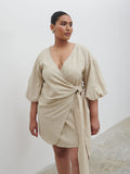 Souki Is 5'8" & Wears Size UK 18|Tamara Wrap Mini Dress Curve - Natural