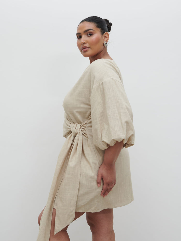 Souki Is 5'8" & Wears Size UK 18|Tamara Wrap Mini Dress Curve - Natural