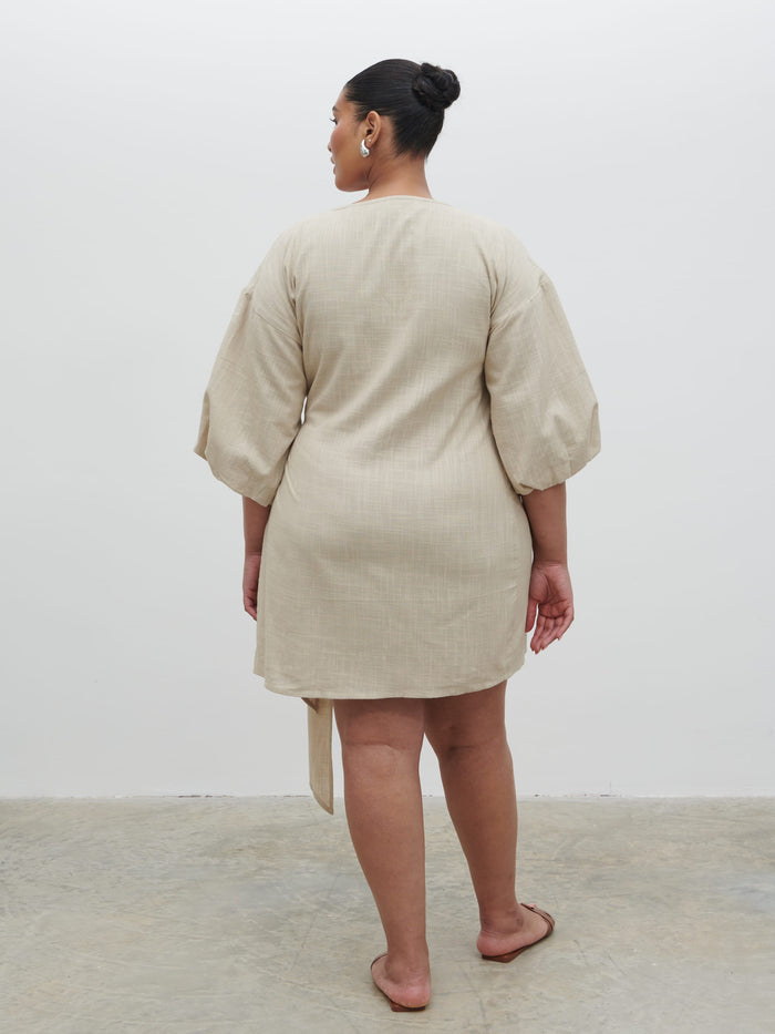 Souki Is 5'8" & Wears Size UK 18|Tamara Wrap Mini Dress Curve - Natural