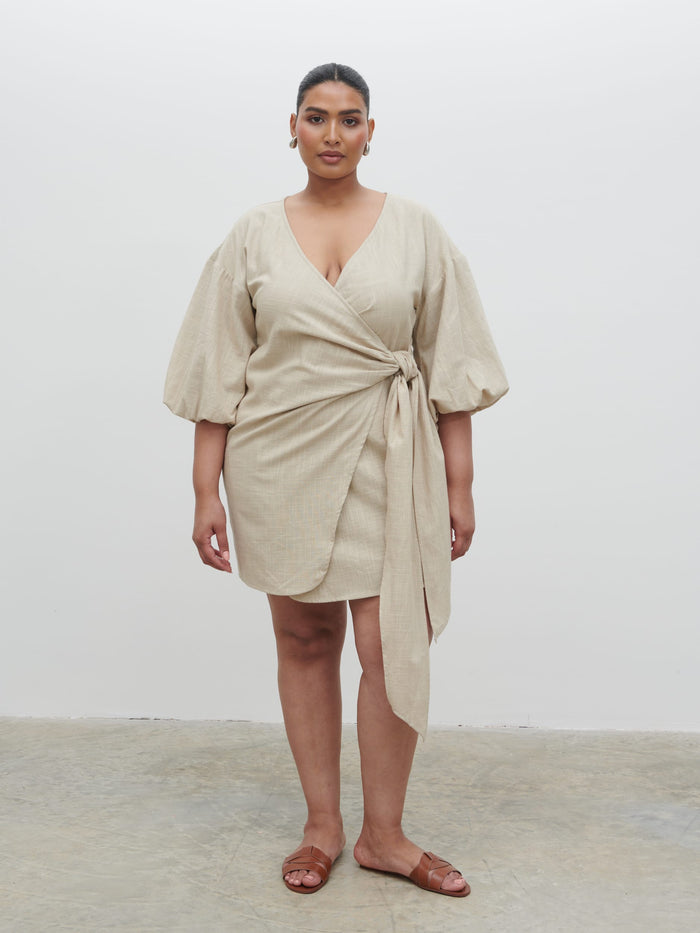 Souki Is 5'8" & Wears Size UK 18|Tamara Wrap Mini Dress Curve - Natural