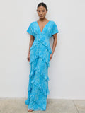 Elle Is 5'3" & Wears Size UK 6|Tamsin Ruffle Chiffon Dress - Blue Multi Abstract Print