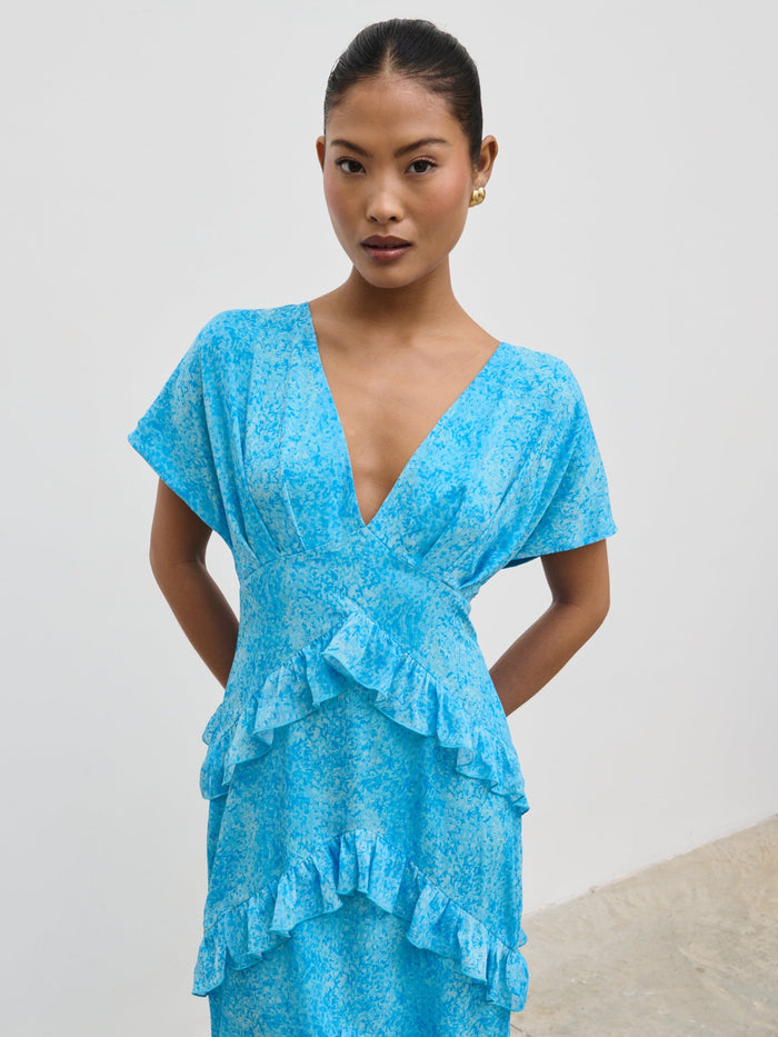 Elle Is 5'3" & Wears Size UK 6|Tamsin Ruffle Chiffon Dress - Blue Multi Abstract Print