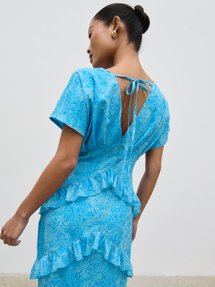 Elle Is 5'3" & Wears Size UK 6|Tamsin Ruffle Chiffon Dress - Blue Multi Abstract Print