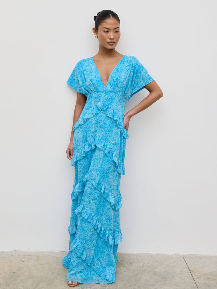 Elle Is 5'3" & Wears Size UK 6|Tamsin Ruffle Chiffon Dress - Blue Multi Abstract Print